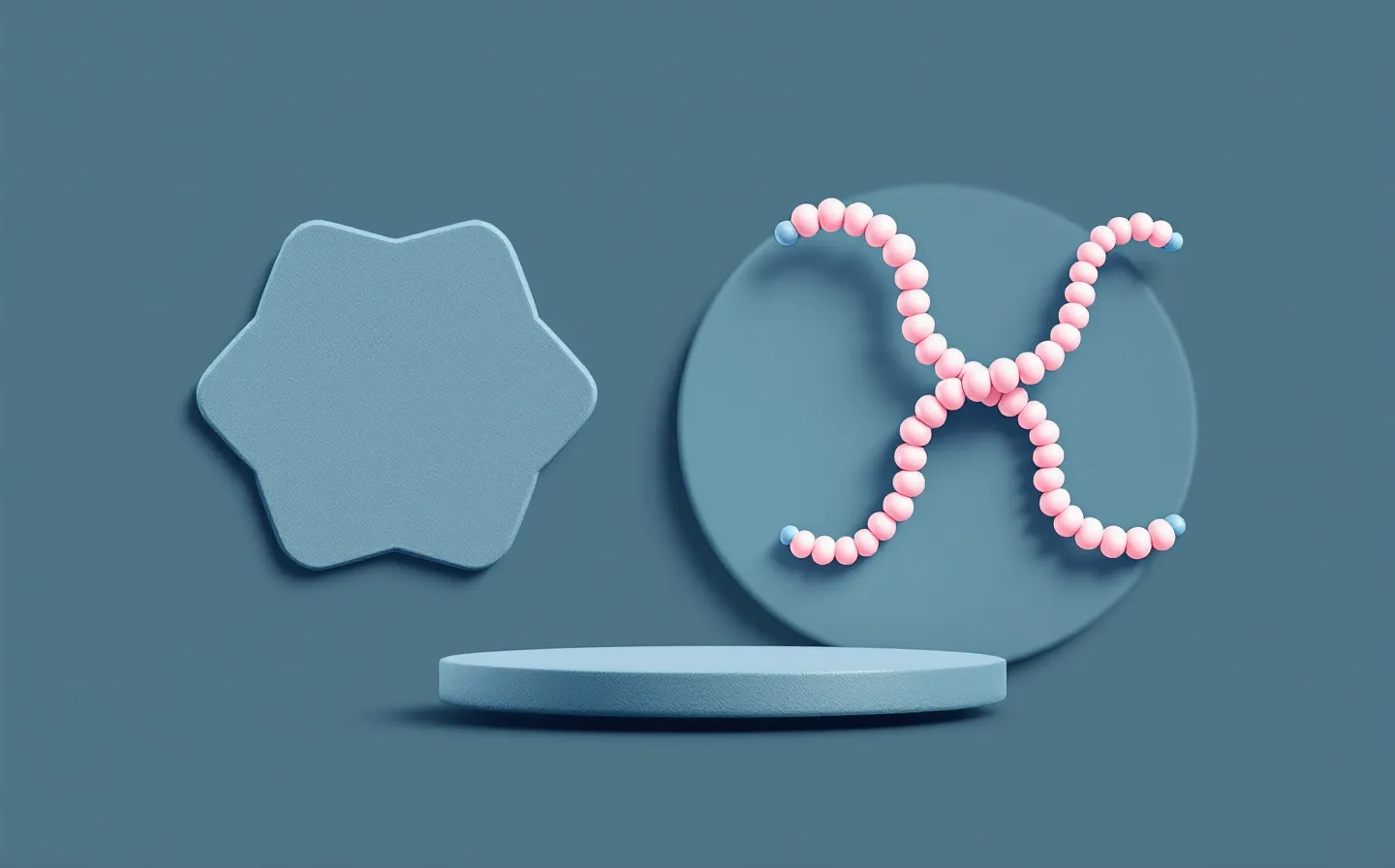 A clean bento-style illustration of a small seven-bead sky-blue peptide fragment beside a larger faint periwinkle parent-protein loop, on a deep slate-teal ground
